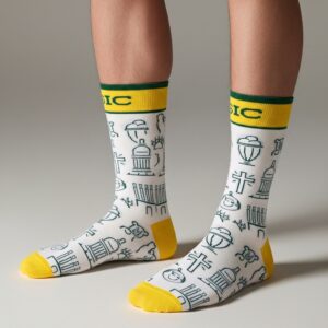 White & Yellow Crew Socks with Iconic Graphic Design– Unisex Casual Wear