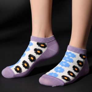 Purple Sheer Ankle Socks with Black & Blue Floral Pattern