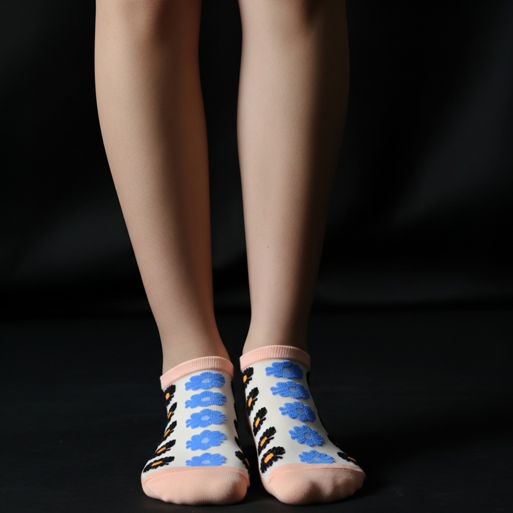 Peach Sheer Ankle Socks with Black & Blue Floral Pattern - Image 3