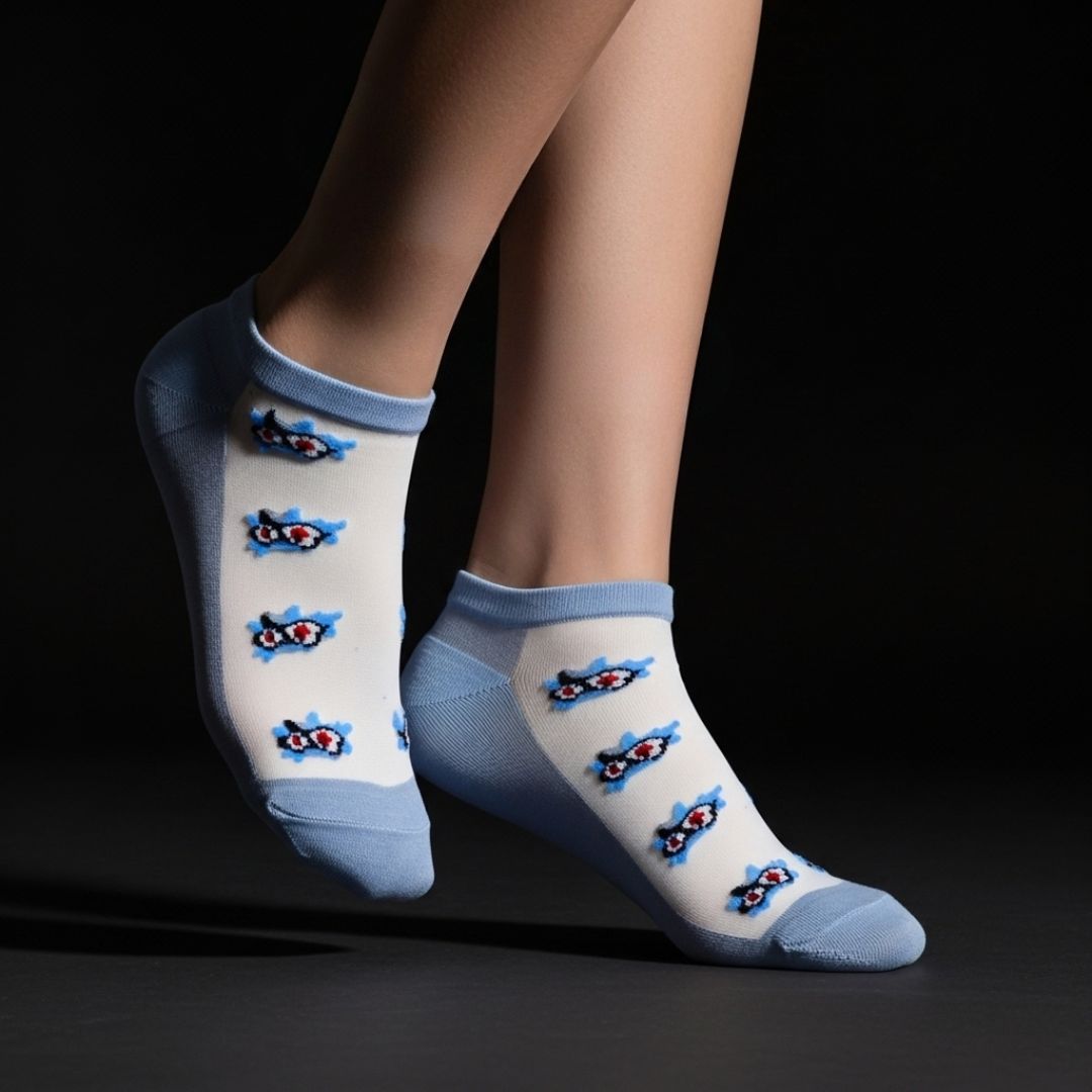 Sky Blue Sheer Ankle Socks with Floral Embroidery