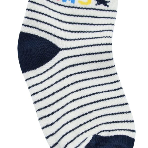 Navy Blue & White Striped Baby Socks – Soft Cotton with Fun “CAR” Design - Image 2