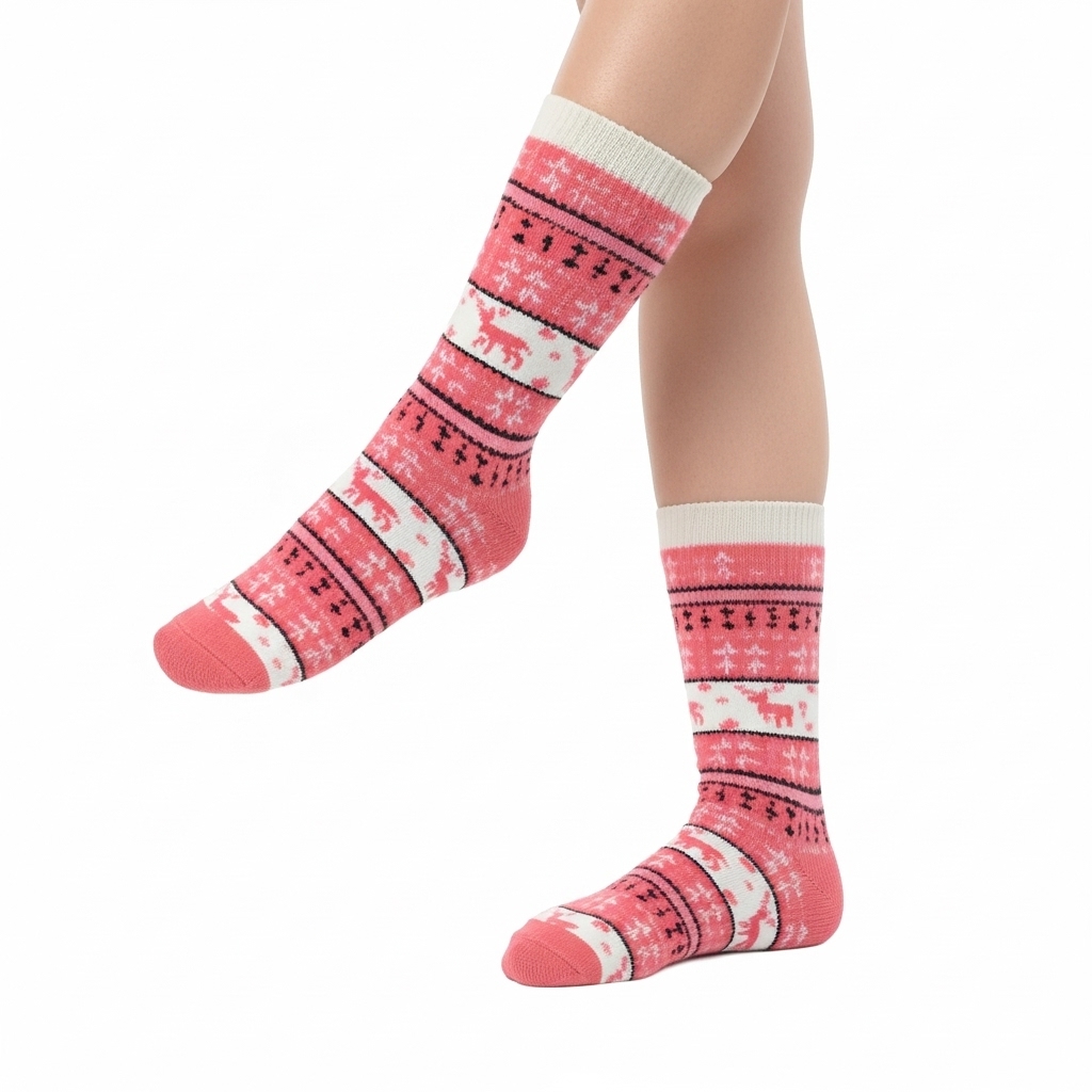 Pink Winter Crew Socks with Nordic Reindeer Pattern – Soft & Cozy