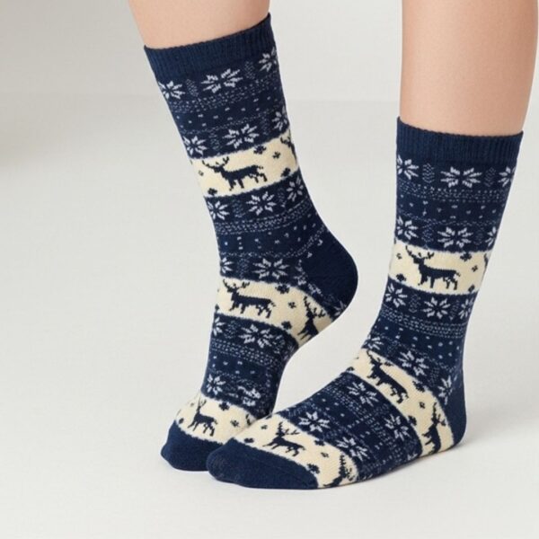 Woolen Winter Socks – Blue & Cream | Cozy Reindeer & Snowflake Design