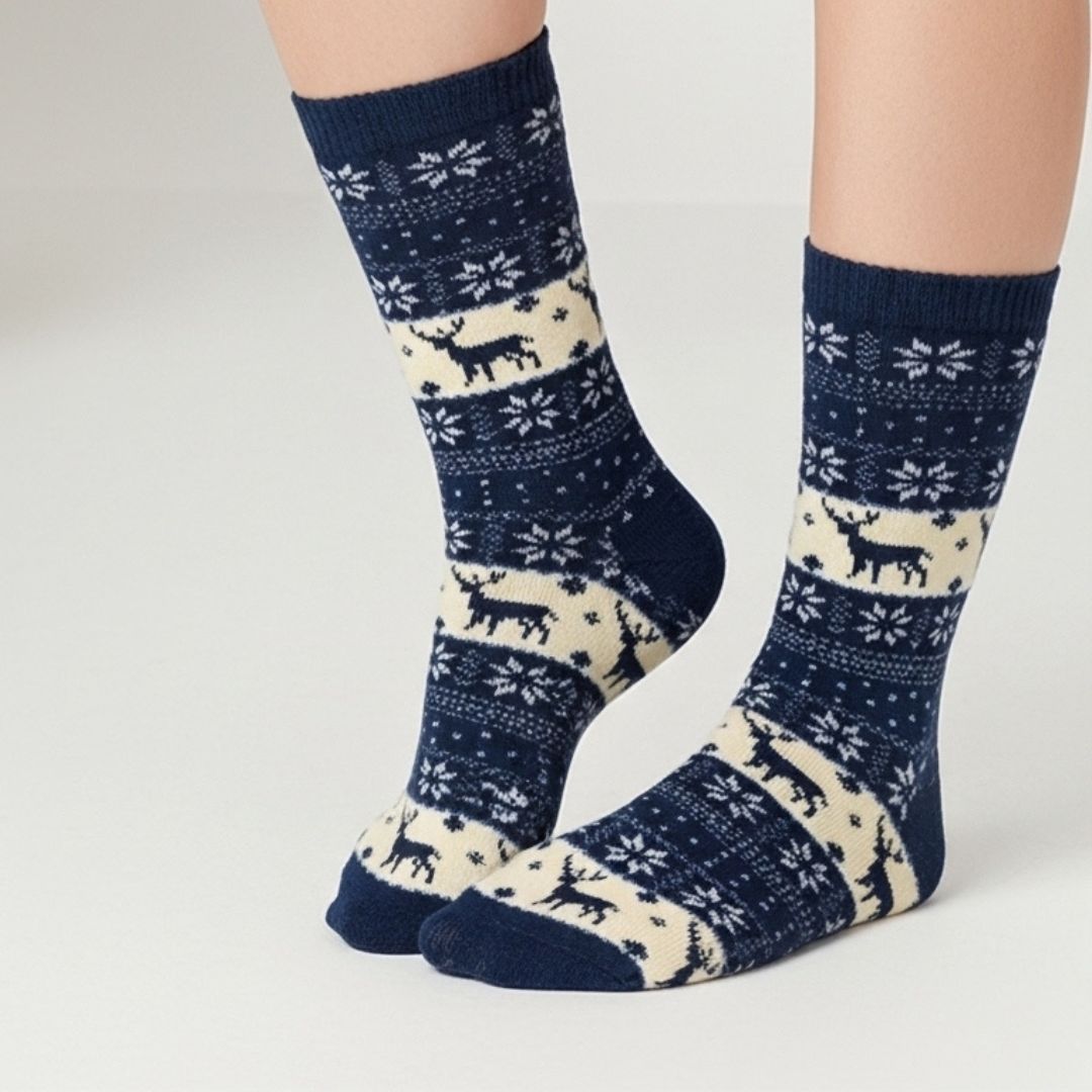 Woolen Winter Socks – Blue & Cream | Cozy Reindeer & Snowflake Design