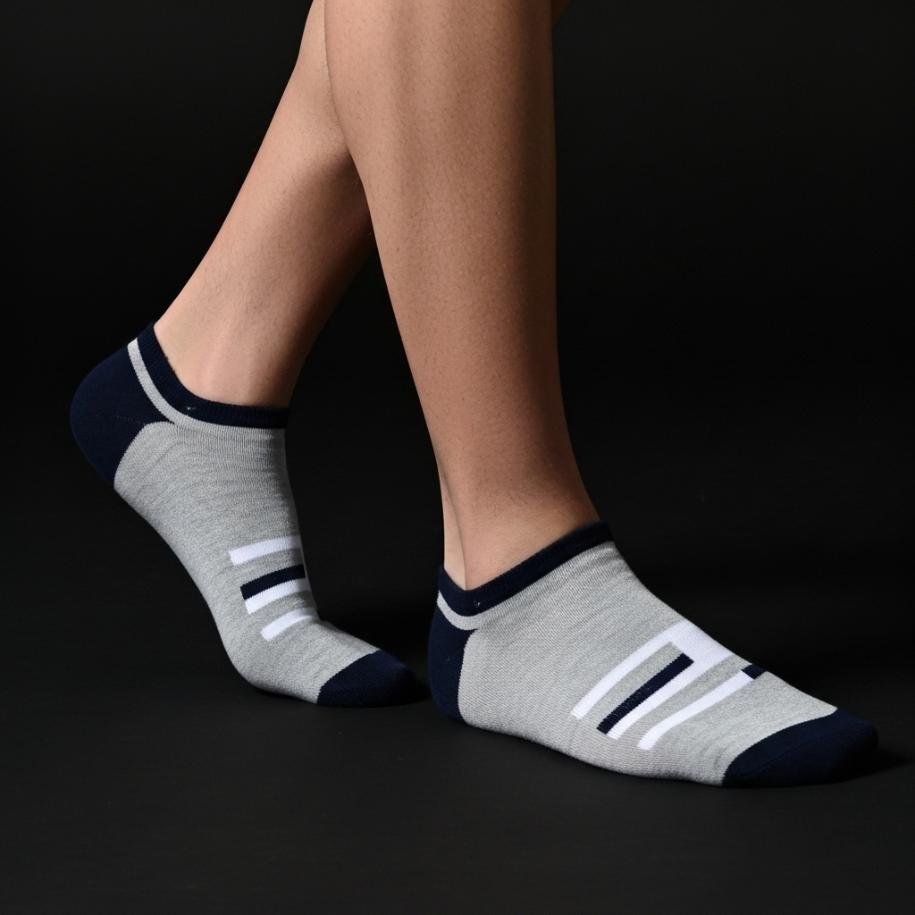 Grey Sporty Low-Cut Socks with Black & White Stripes – Casual Athletic Comfort