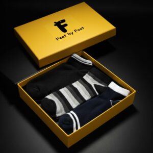 Premium Ankle Socks Gift Box – 3 Pairs (Classic Black & Stripes Collection)