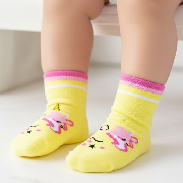 Kids’ Yellow Smiley Face Ankle Socks with Pink Accents - Image 2