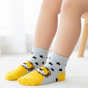 Kids’ Lion & Stars Ankle Socks – Grey & Yellow