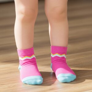 Bright Pink Baby Socks with Colorful Zigzag Design – Soft & Cozy