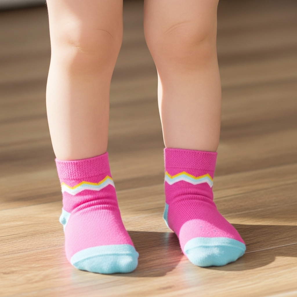 Bright Pink Baby Socks with Colorful Zigzag Design – Soft & Cozy