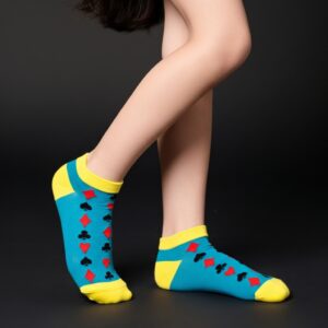 Playing Card Suit Design Ankle Socks – Teal & Yellow Unisex Fashion Socks
