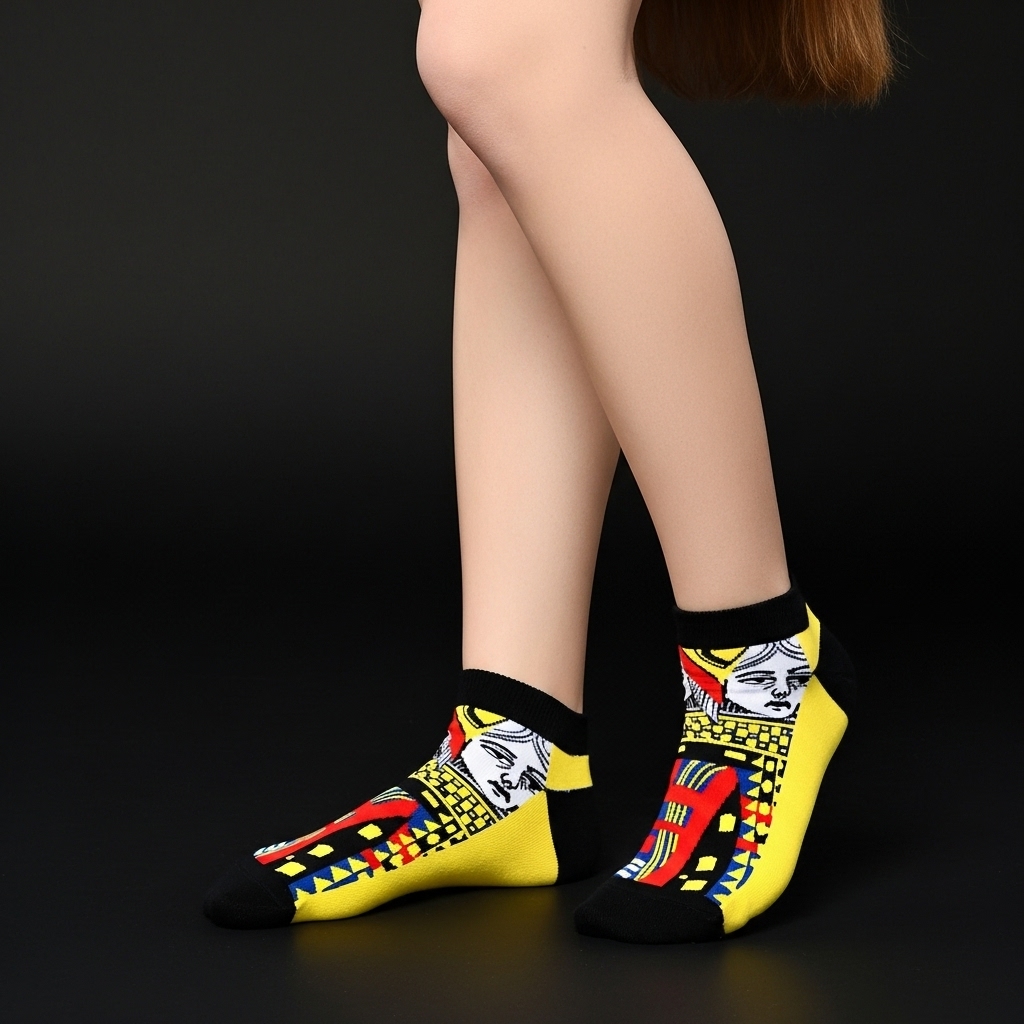 Playing Card Queen Design Ankle Socks – Bold Yellow & Black Unisex Fashion Socks - Image 3
