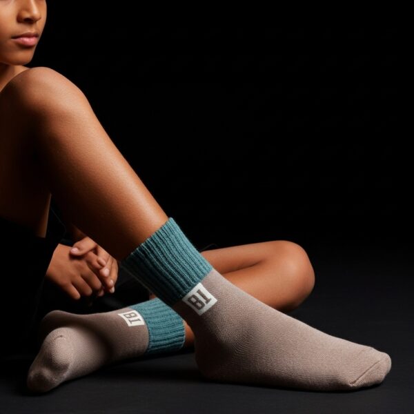 Two-Tone Crew Socks with Contrast Cuff – Brown & Teal