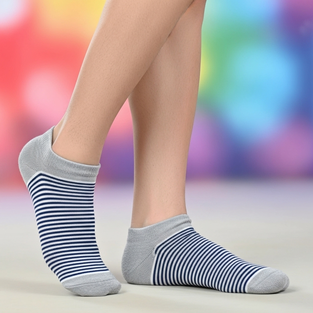 Unisex Low-Cut Ankle Socks – Grey with Navy Blue Stripes