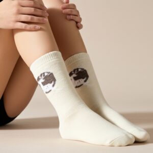 Cozy Wool Blend Crew Socks in Cream with Reindeer Design