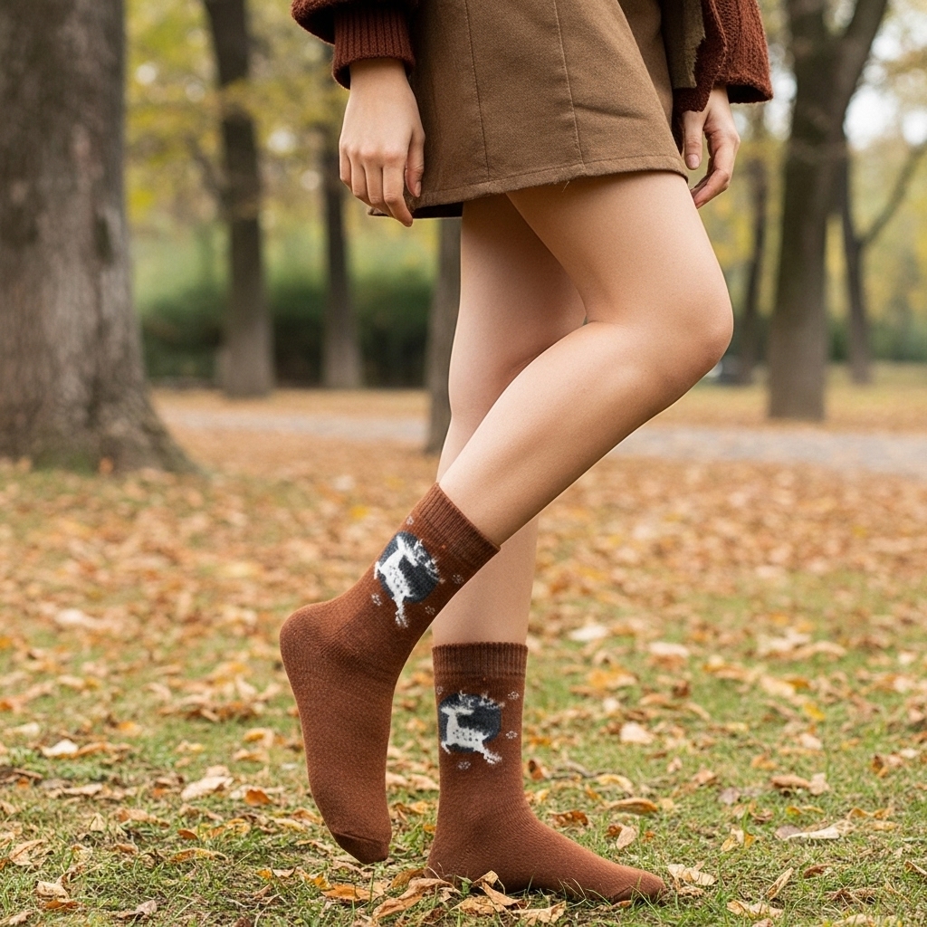 Brown Winter Crew Socks with Reindeer Pattern – Warm & Cozy