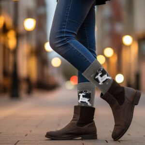 Warm Wool Blend Crew Socks in Brown with Reindeer Design