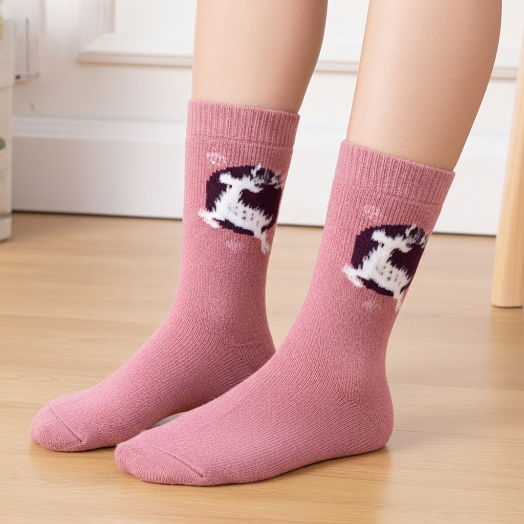 Warm Wool Blend Crew Socks in Rose Pink with Abstract Pattern