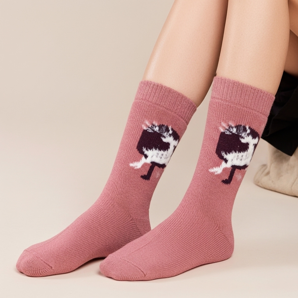Warm Wool Blend Crew Socks in Rose Pink with Abstract Pattern - Image 3