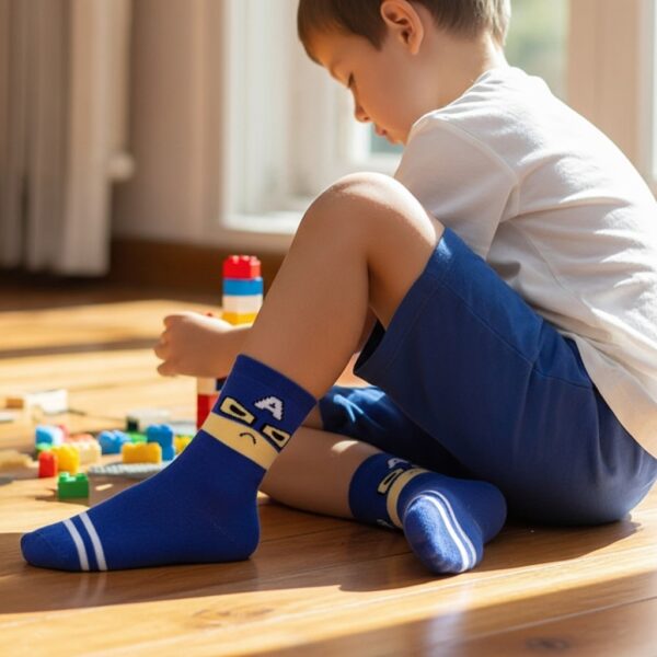 Kids Blue Superhero Cartoon Socks – Soft Cotton Blend, Fun Character Design