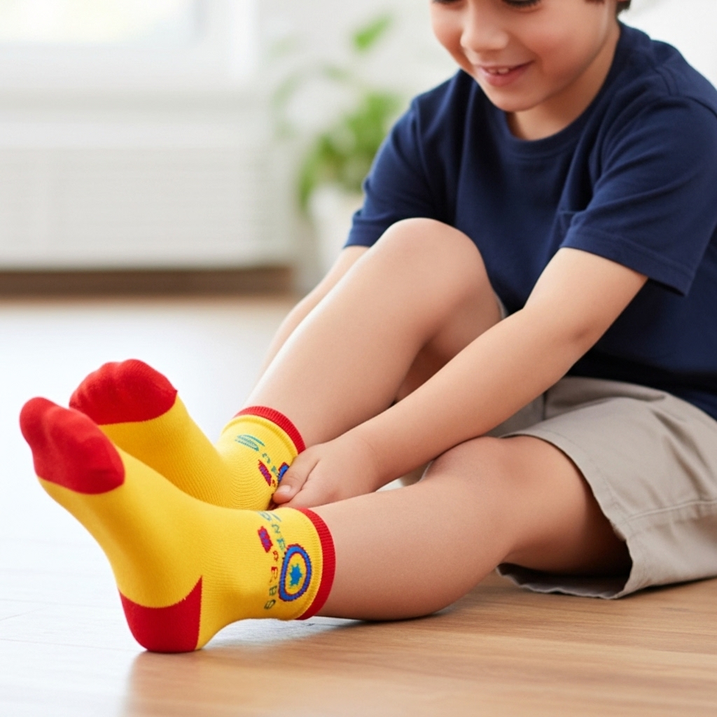 Kids Yellow Superhero-Themed Socks – Soft Cotton Blend with Fun Design - Image 3