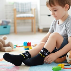 Kids Black Monster Face Socks – Fun Cartoon Design, Soft Cotton Blend