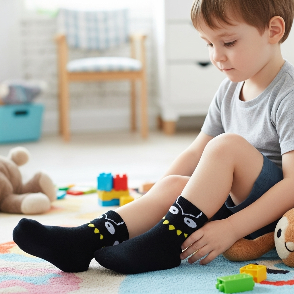 Kids Black Monster Face Socks – Fun Cartoon Design, Soft Cotton Blend