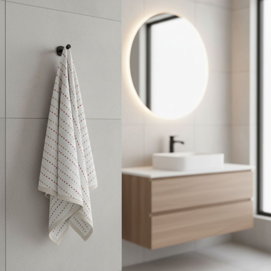 Super Absorbent White Multicolor Dotted Cotton Bath Towel – 480 GSM Large Size (130×75 cm) Soft & Quick Dry