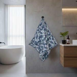 Quick Dry Blue & White Floral Design Cotton Bath Towel – 580 GSM Extra Large (145×75 cm) Ultra Soft & Super Absorbent