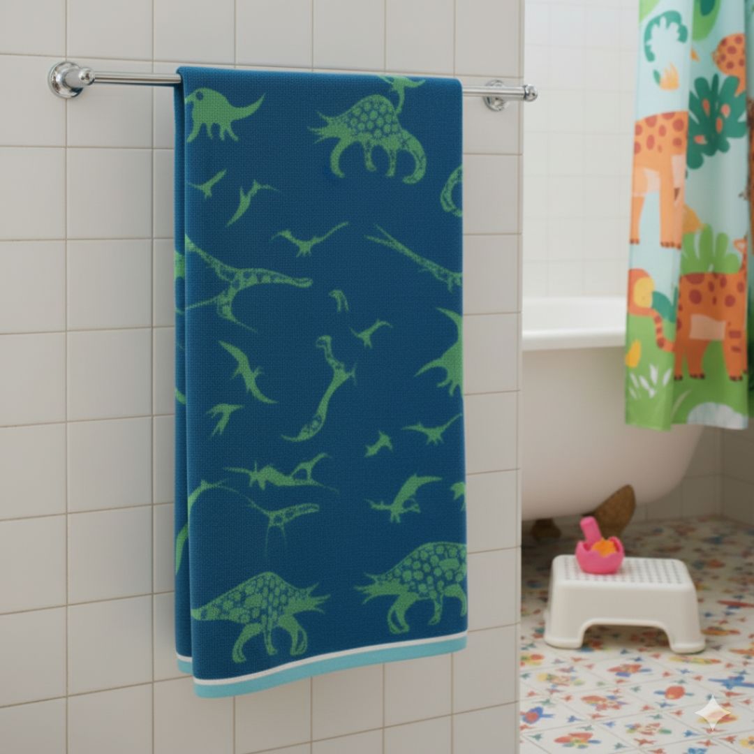 Quick Dry Blue Cotton Bath Towel with Green Dinosaur – 480 GSM, Extra Large (152×75 cm) Soft & Super Absorbent