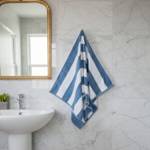 Blue & White Stripes Premium Absorbent Cotton Bath Towel – 585 GSM Extra Large (165×90 cm) Ultra Soft & Quick Dry
