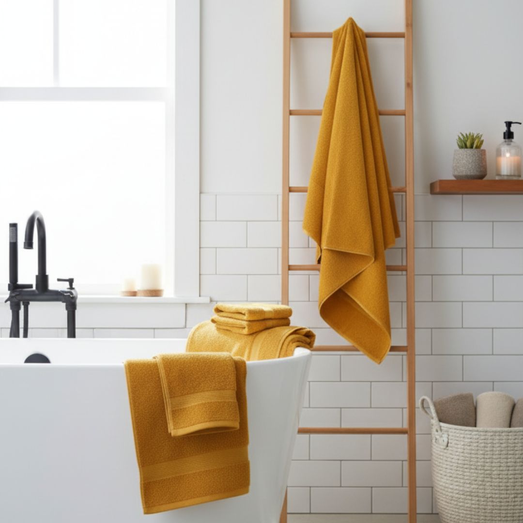 Super Absorbent Mustard Yellow Cotton Bath Towel – 470 GSM Large Size (140×65 cm) Soft & Quick Dry