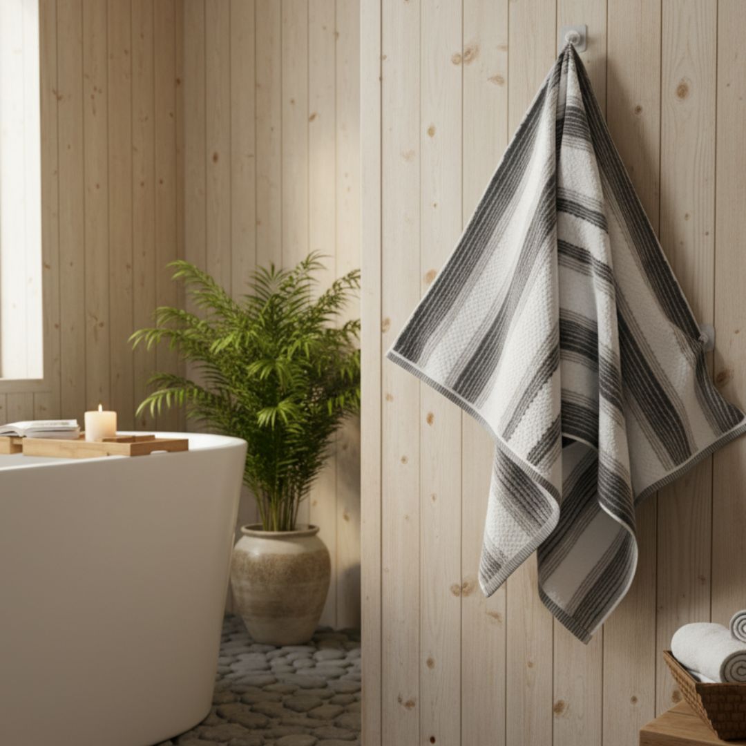 Luxury Quick Dry Grey & White Striped Cotton Bath Towel – 650 GSM Extra Large (150×75 cm) Ultra Soft & Super Absorbent