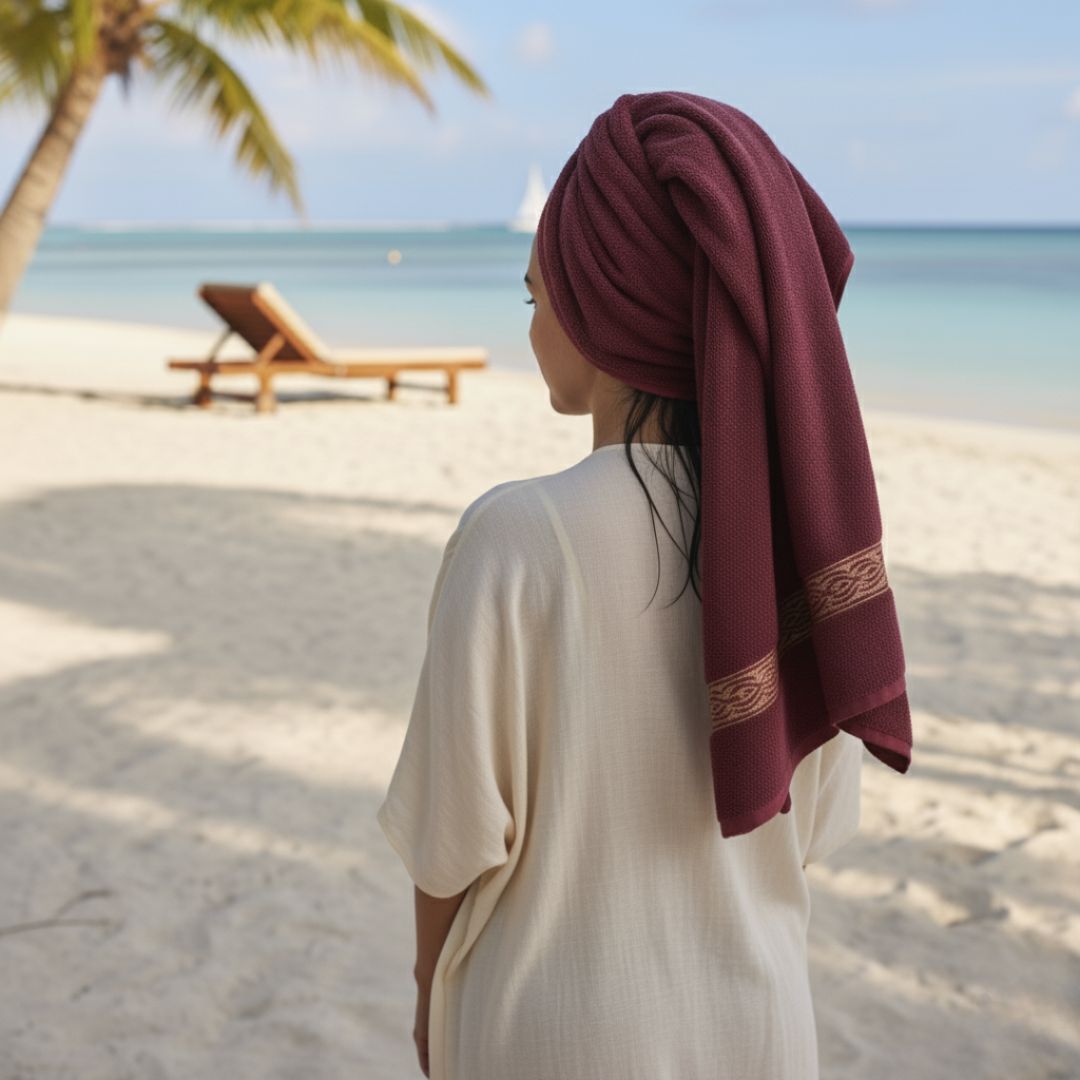 Premium Absorbent Maroon Bath Towel with Elegant Border Design – 510 GSM, Large Size (130×65 cm) Soft & Quick Dry - Image 3