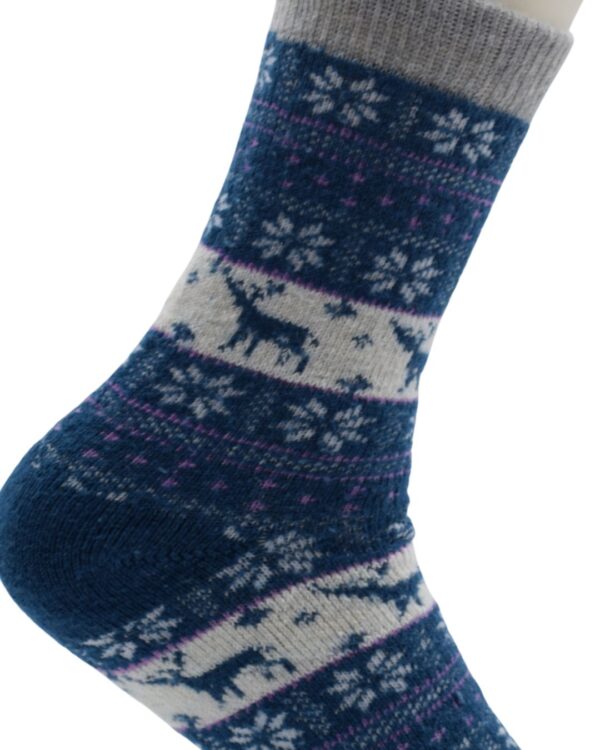 Cozy Winter Wool Socks – Blue Nordic Reindeer & Snowflake Pattern - Image 3