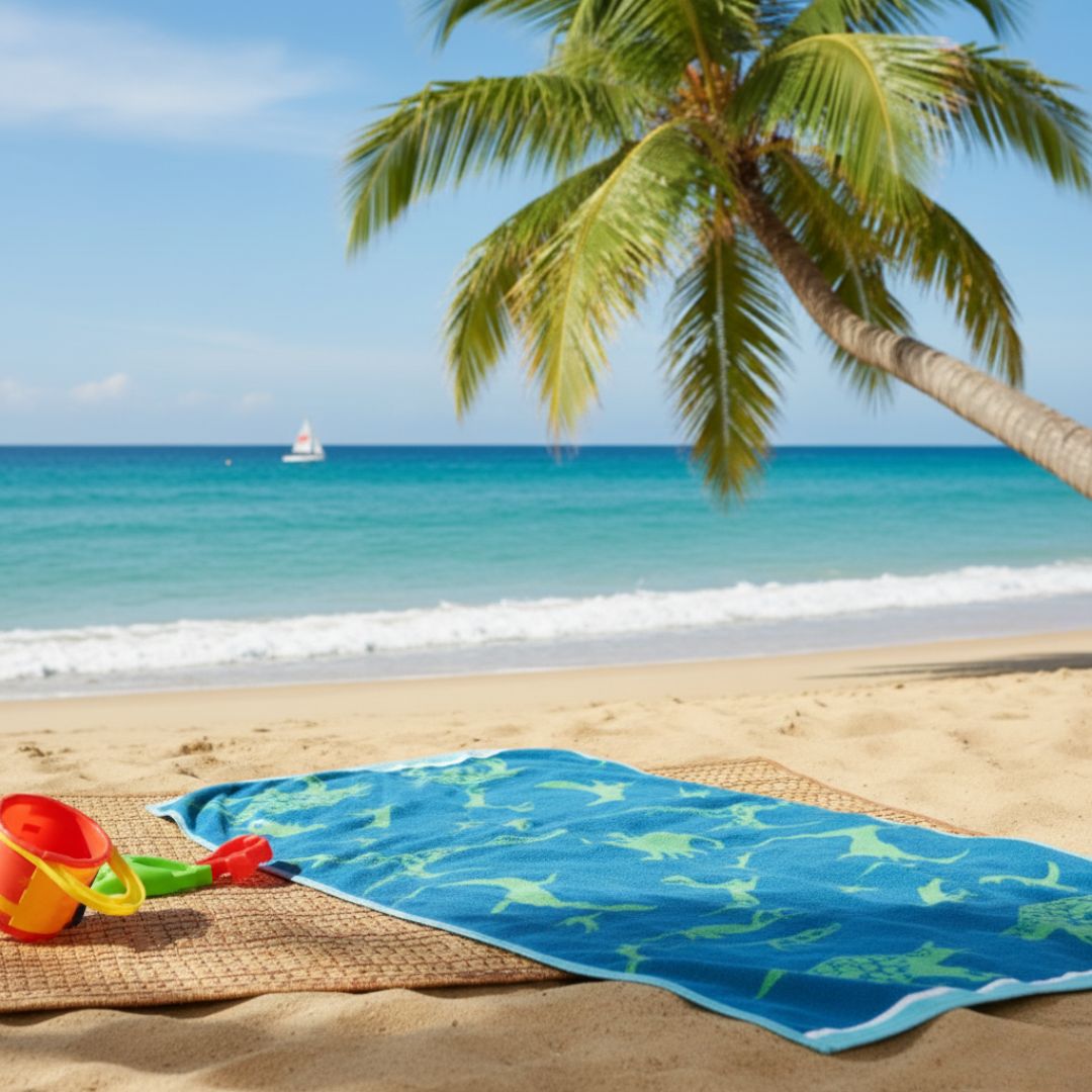 Quick Dry Blue Cotton Bath Towel with Green Dinosaur – 480 GSM, Extra Large (152×75 cm) Soft & Super Absorbent - Image 4