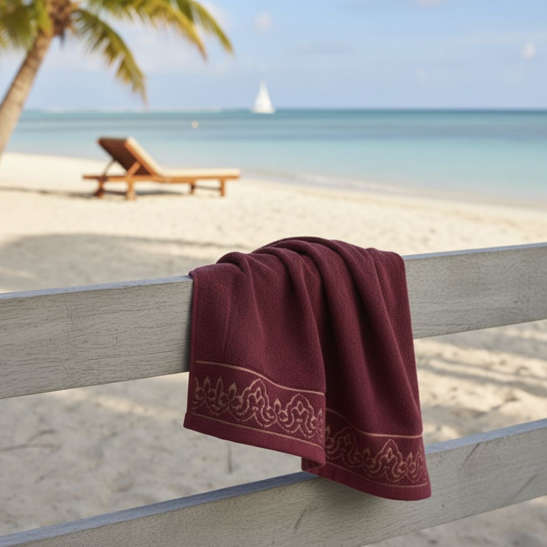 Premium Absorbent Maroon Bath Towel with Elegant Border Design – 510 GSM, Large Size (130×65 cm) Soft & Quick Dry - Image 4