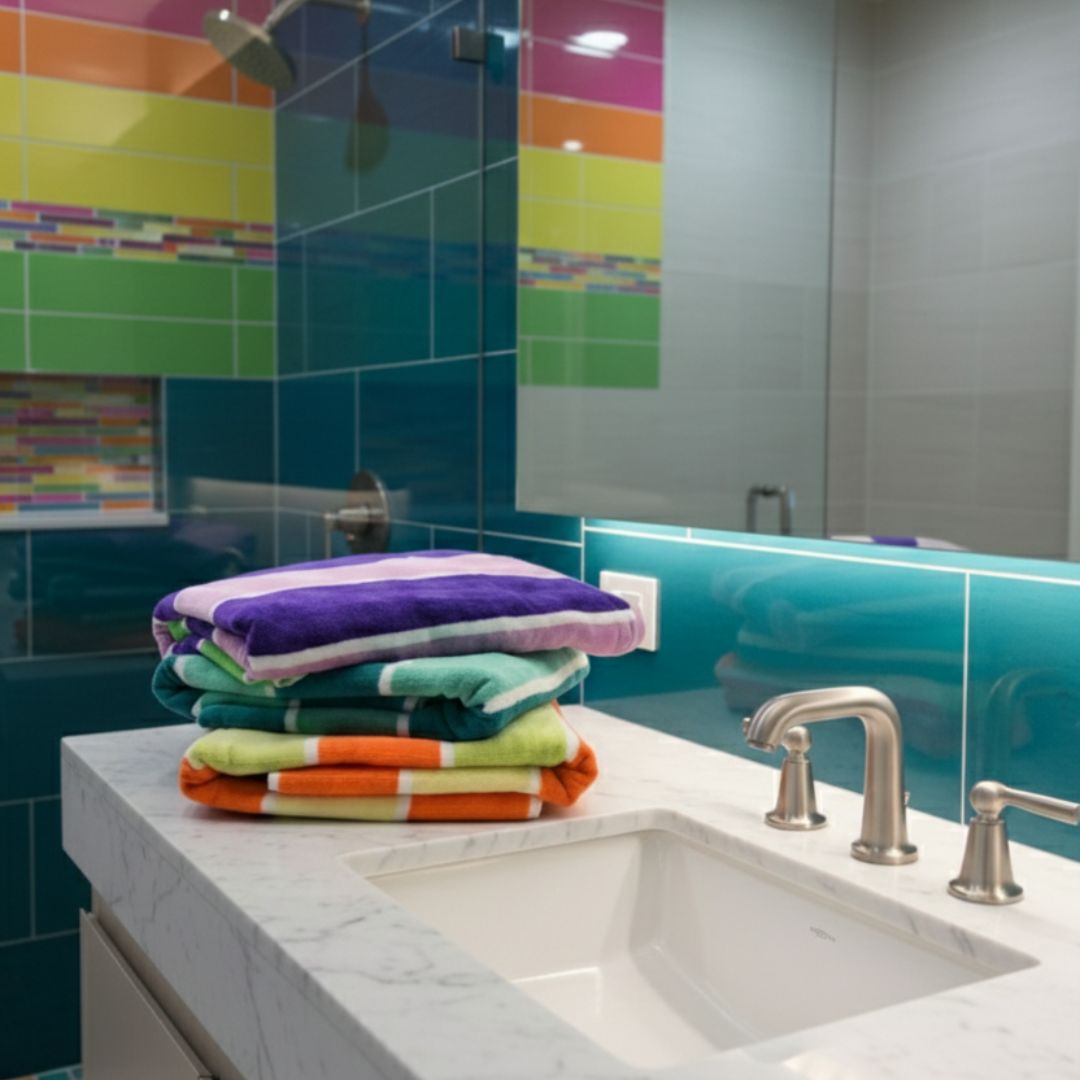 Cotton Bath Towels 485 GSM Quick Dry Terry Towels, Multicolor Stripe Design – Set of 3 (Size 150x75 cm) Purple, Orange, Green