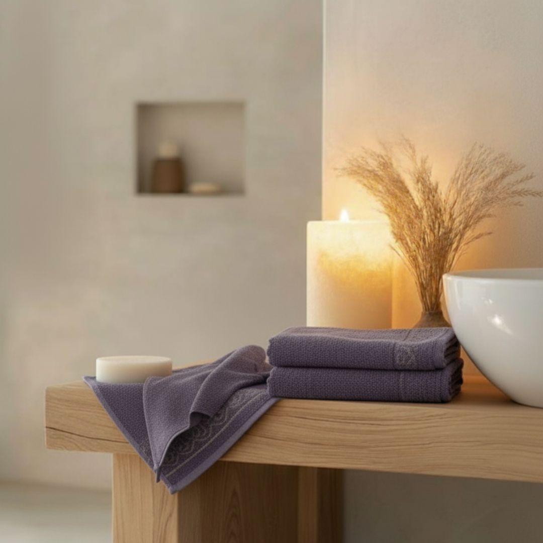 Premium Absorbent Lavender Purple Cotton Bath Towel with Elegant Border Design – 510 GSM, Large Size (130×65 cm)