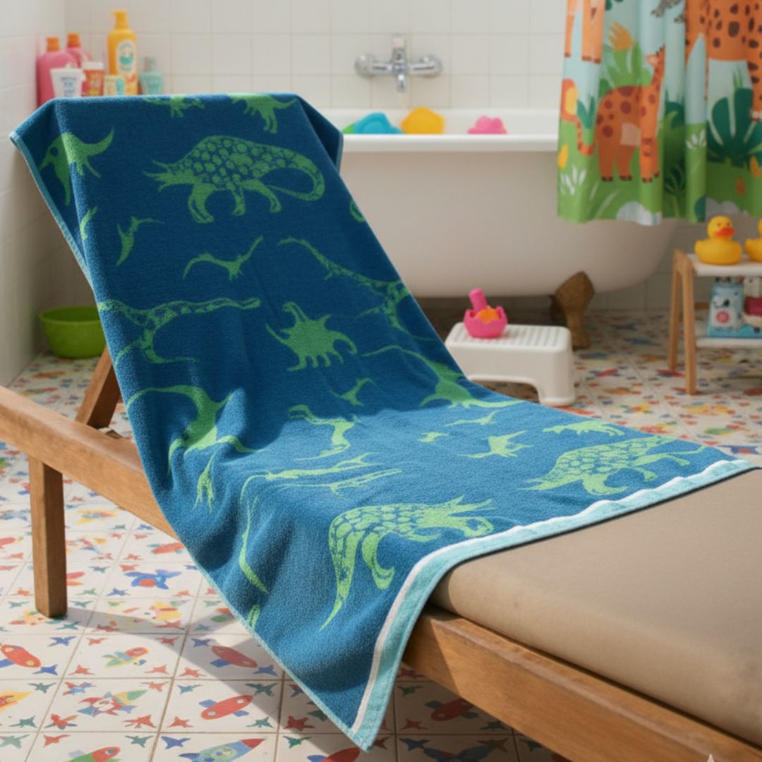 Quick Dry Blue Cotton Bath Towel with Green Dinosaur – 480 GSM, Extra Large (152×75 cm) Soft & Super Absorbent - Image 3