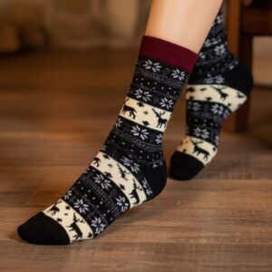 Winter Reindeer Pattern Woolen Socks – Cozy Warm Thermal Socks