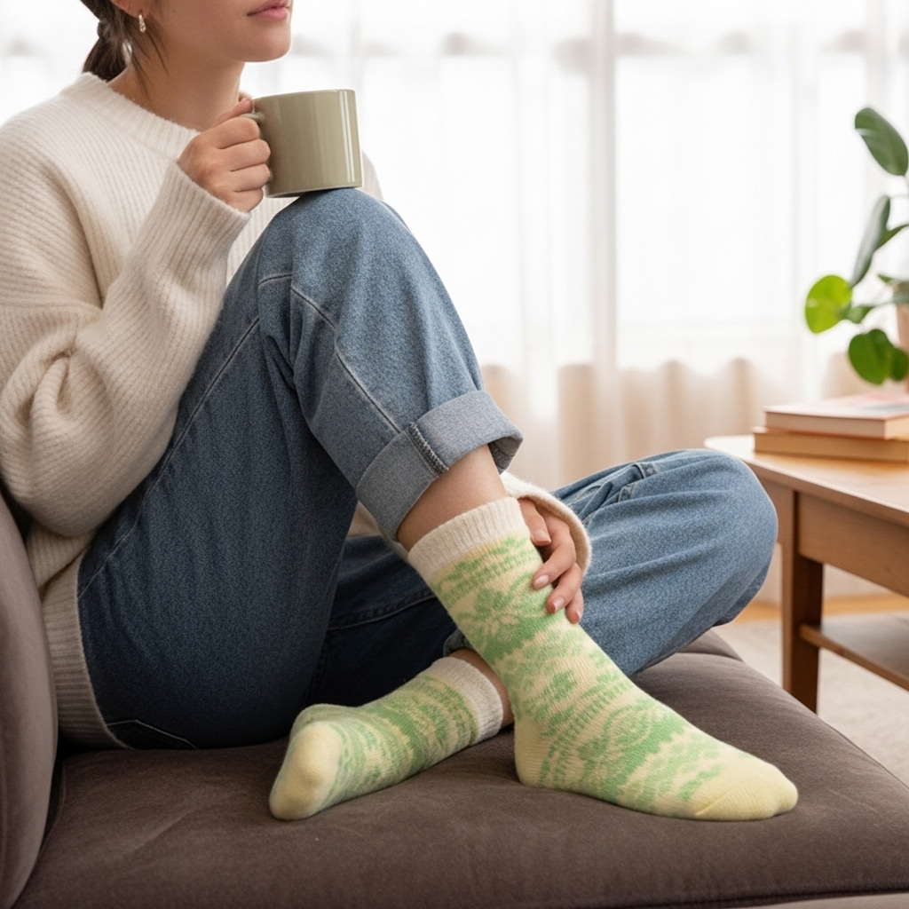 Soft Winter Woolen Socks for Women - Light Green Snowflake Design