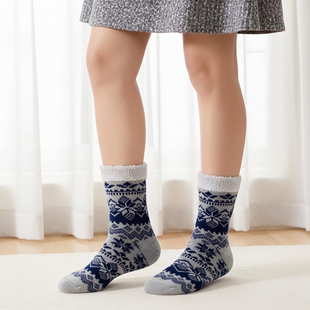 Cozy Grey & Navy Woolen Crew Socks – Fleece-Lined, Soft & Warm Winter Knit Design