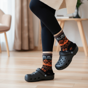 Winter Thermal Wool Socks – Soft Fleece-Lined Warm Socks with Nordic Pattern (Black & Orange)