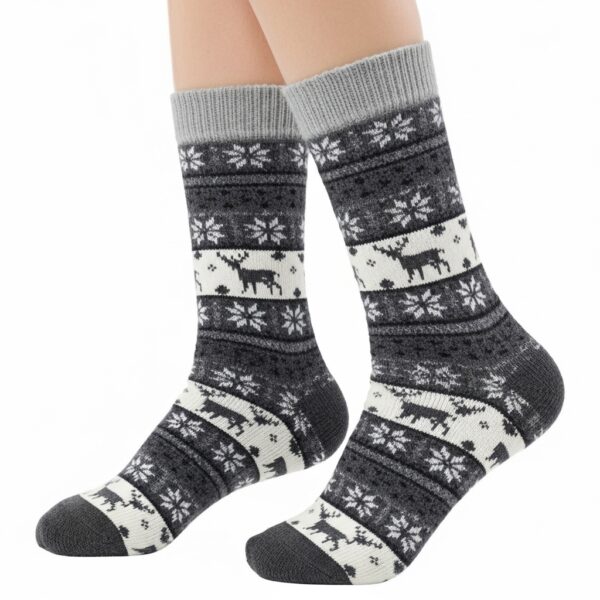 Premium Dark Grey Woolen Winter Socks with Reindeer & Snowflake Pattern - Image 2