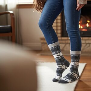 Premium Dark Grey Woolen Winter Socks with Reindeer & Snowflake Pattern