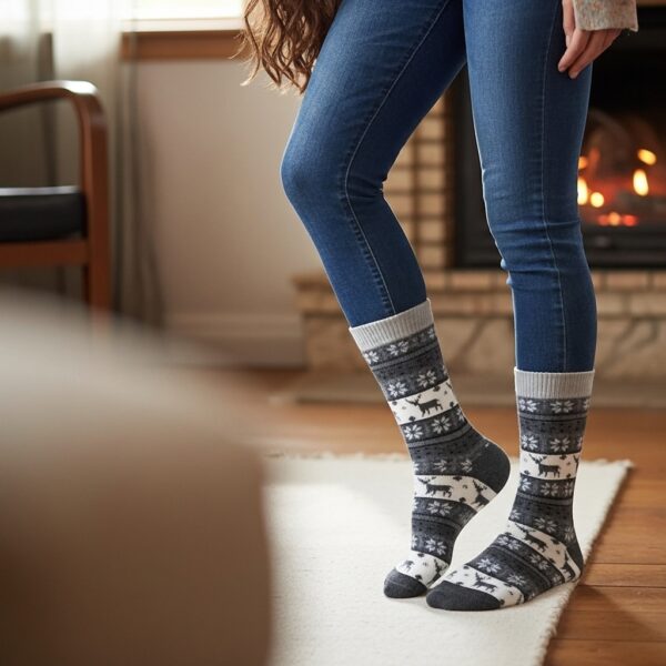 Premium Dark Grey Woolen Winter Socks with Reindeer & Snowflake Pattern