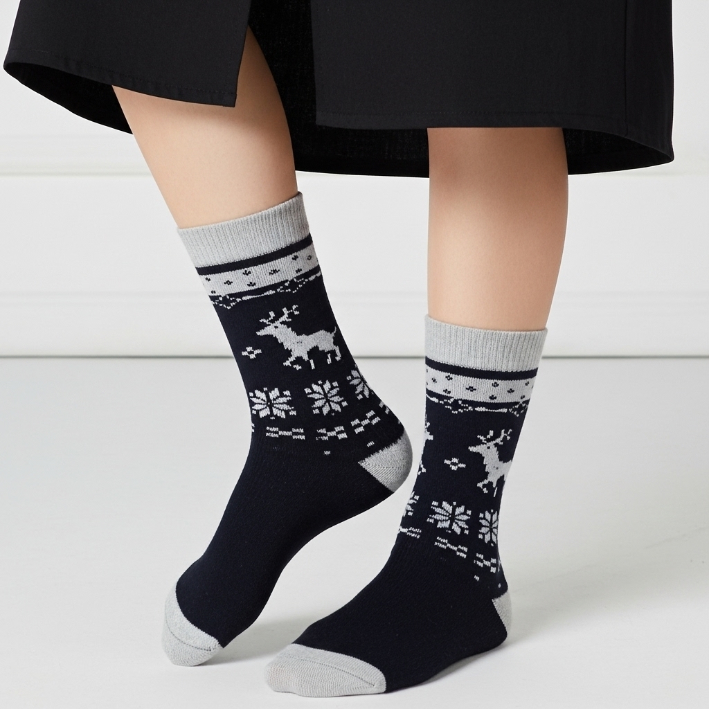 Premium Black Woolen Winter Socks with Reindeer Pattern | Ultra Warm & Soft