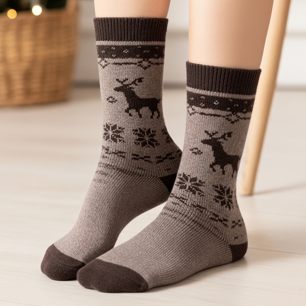 Premium Wool Winter Socks with Reindeer & Snowflake Pattern – Warm & Soft Knit Crew Socks
