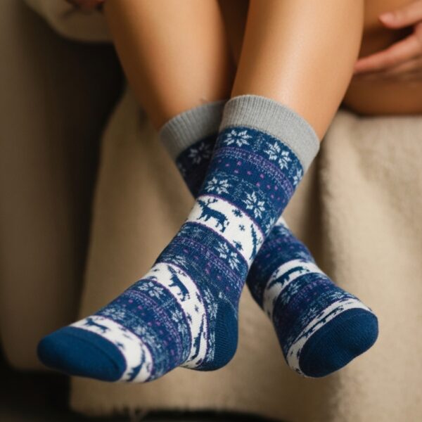 Cozy Winter Wool Socks – Blue Nordic Reindeer & Snowflake Pattern - Image 4